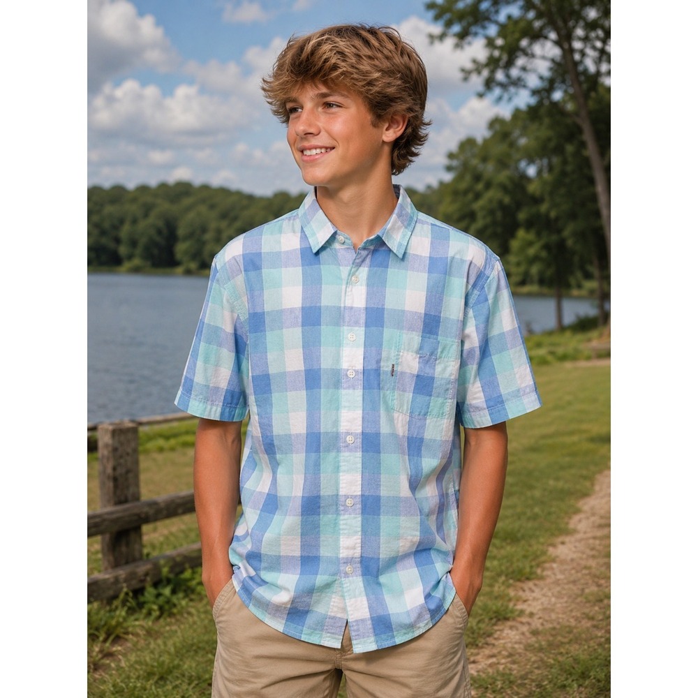 Levis Youth Short Sleeve Small Blue Green White Check -80